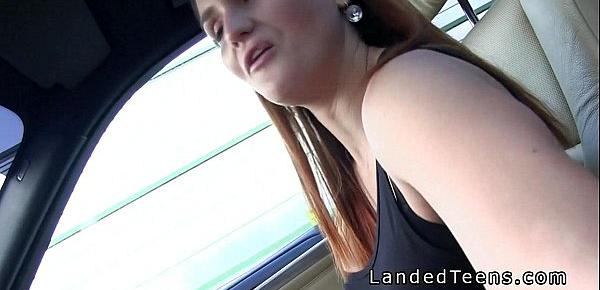  Busty teen flash tits and grab cock in car to stranger